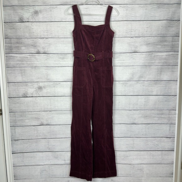 Anthropologie Pilcro Burgundy Corduroy Belted Wide Leg Jumpsuit Size Small / 4 - Picture 2 of 9
